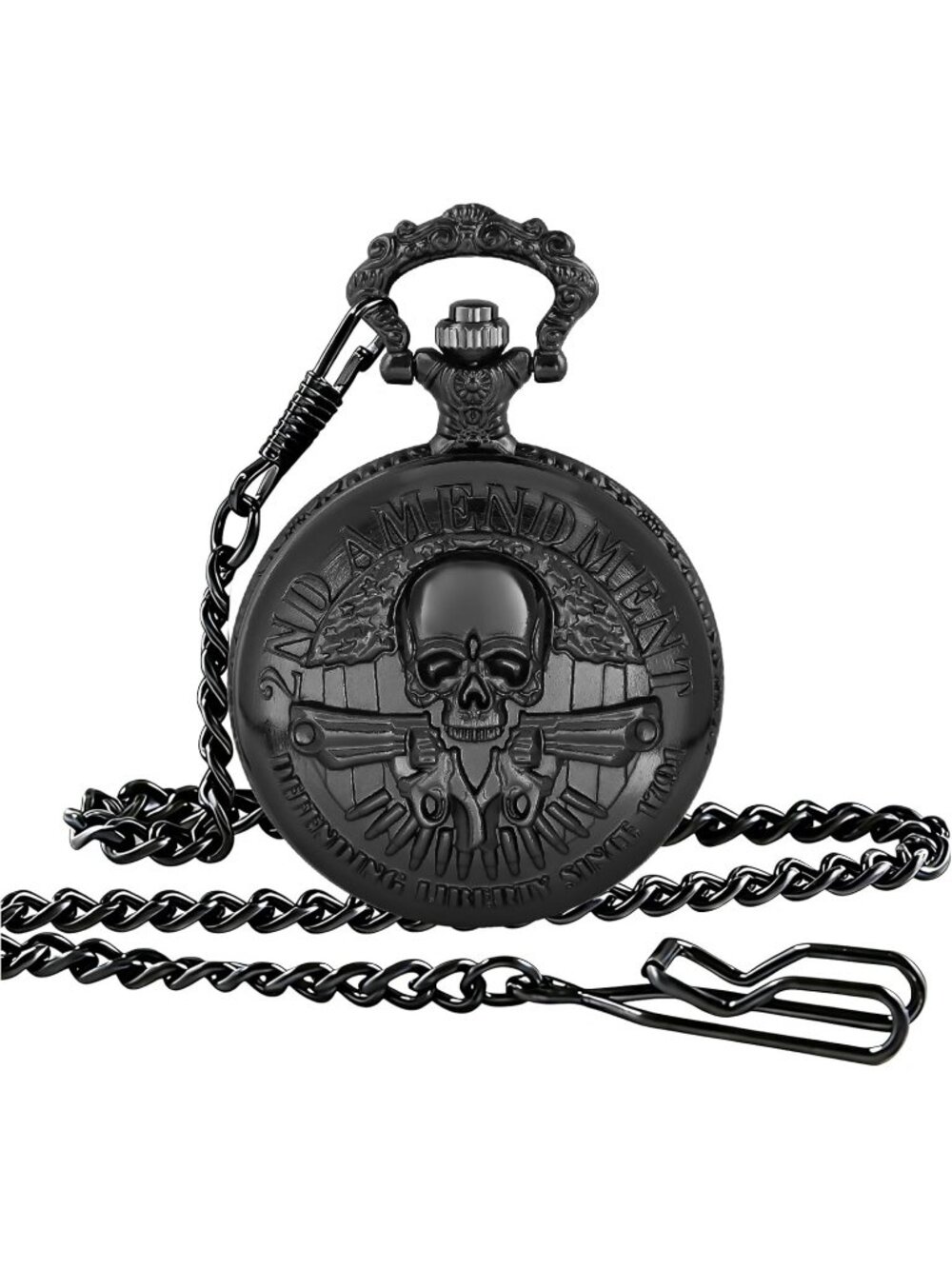 Men's Black Analog Quartz Arabic Numerals Engraved Skull Vintage Pocket Watch